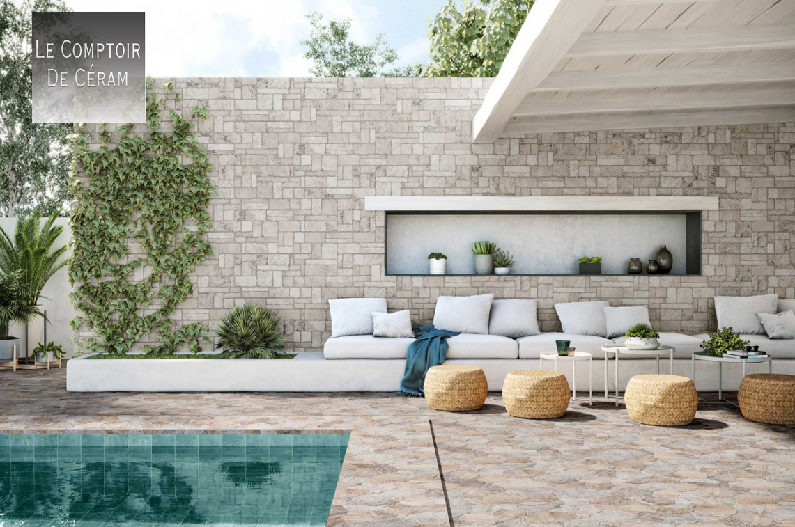 carrelage gres cérame effet pierre blanche 44 x 44 cm pour terrasse sol et mur paris 75