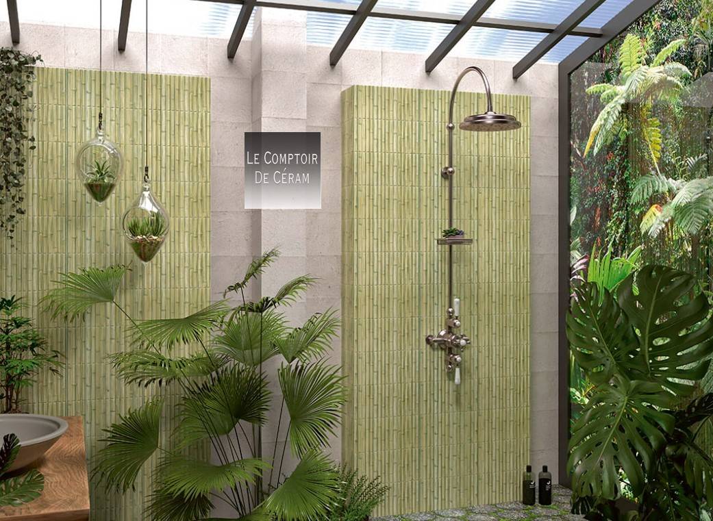 faïence murale aspect bambou vert salle de bains paris 75