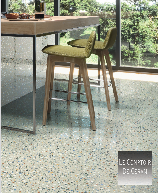 carrelage gres cerame terrazzo sol brillant grand format 60 x 60 cm lyon 69