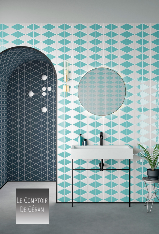 carrelage mural triangulaire vert bleu design montpellier 34