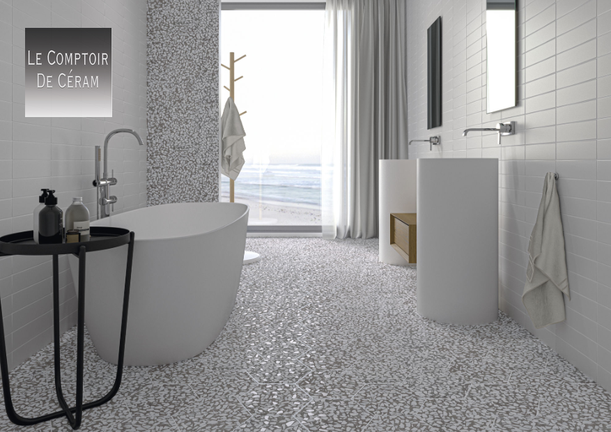 CARRELAGE TERRAZZO GRANITO HEXAGOANL GRIS MONTPELLIER 34