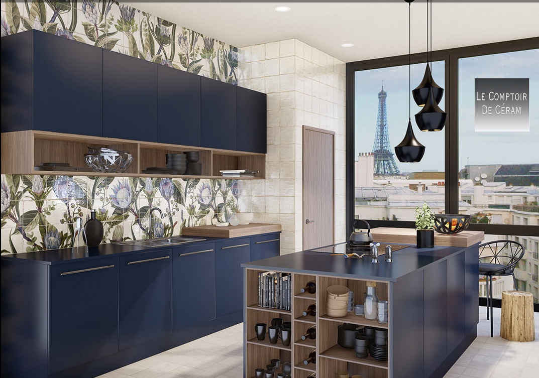 FAINCE FLEUR POUR CUISINE BLEU MARINE PARIS 75