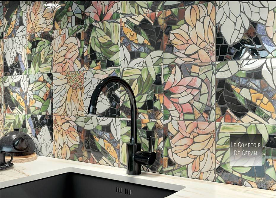 carrelage 20 x 20 cm crédence cuisine rose noir fleur design 2025 Lyon 69