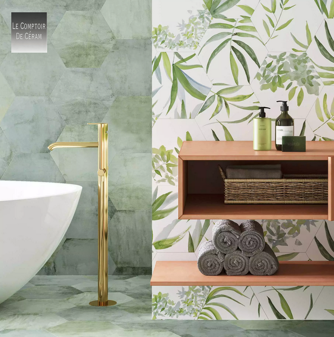 carrelage salle de bain hexagonal a motifs nature vert et blanc nice 06