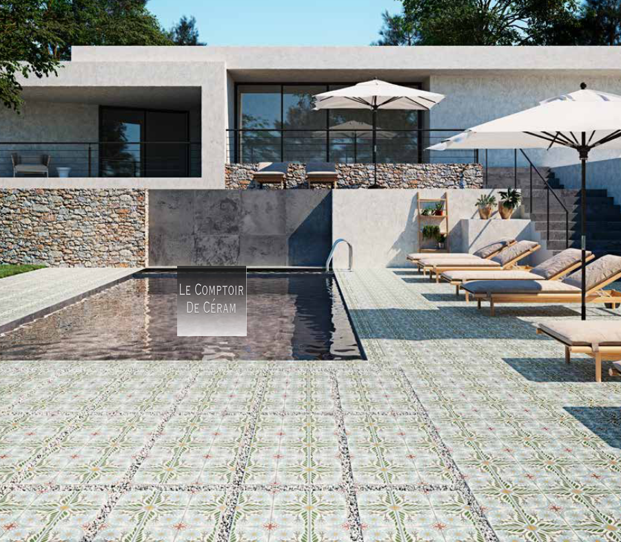 CARRELAGE POUR TERRSSE IMITATION CARREAUX DE CIMENT VERT BLANC MARSEILLE 13