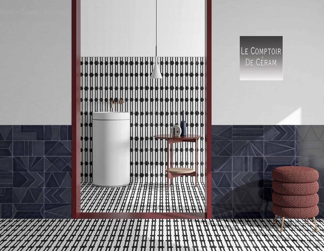 carrelage 30 x 30 cm sol et mur antidérapant R10 dessins géométriques noir et blanc design paris 75