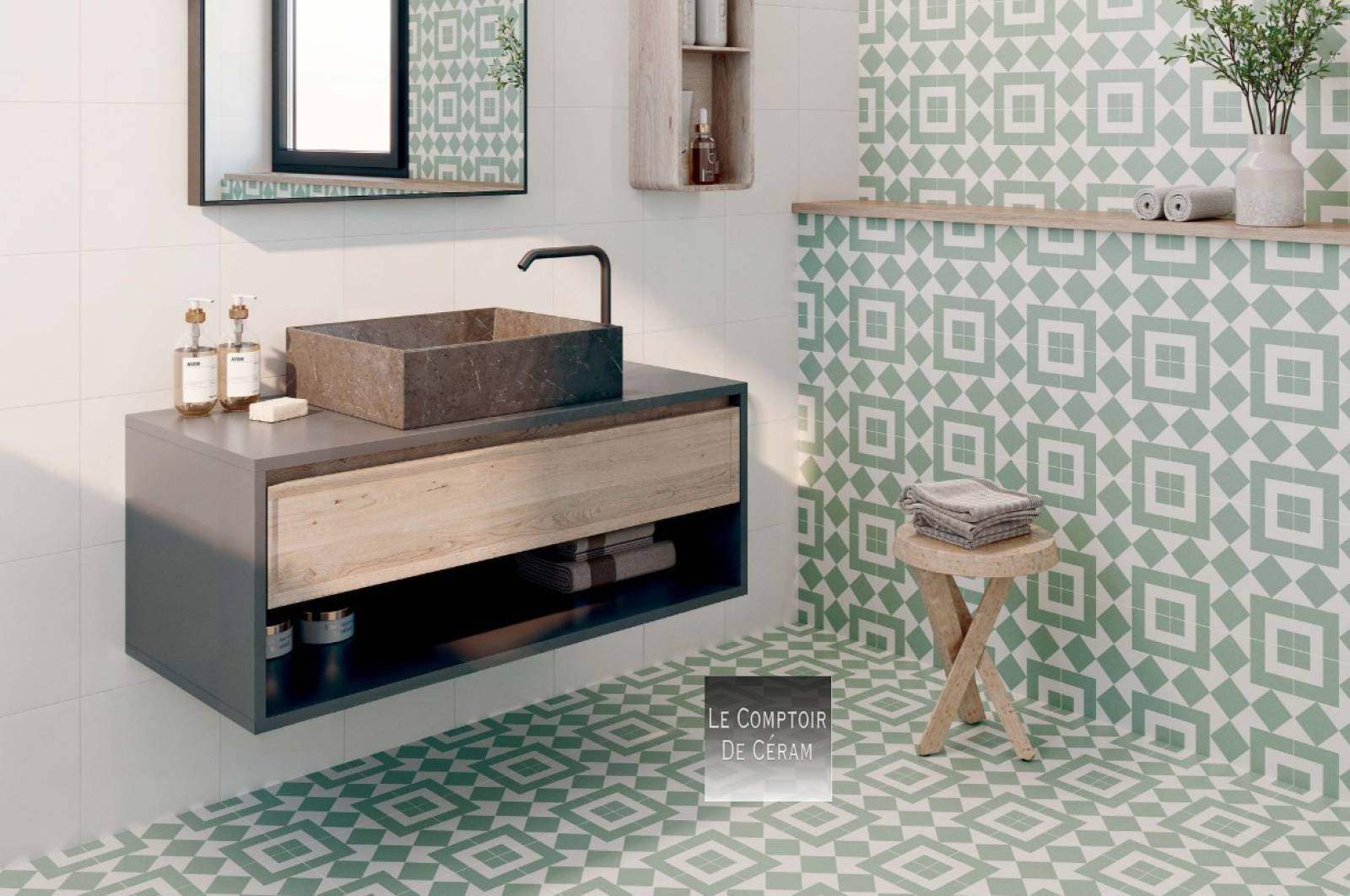 carrelage hydraulique vert et blanc géométrique paris 75