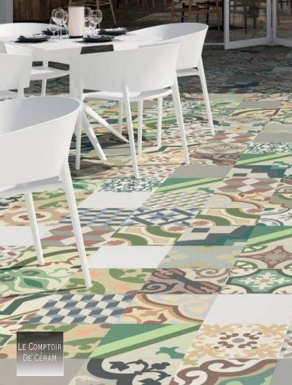carrelage imitation carreaux de ciment pour terrasse coloris vert et saumon design cannes 06