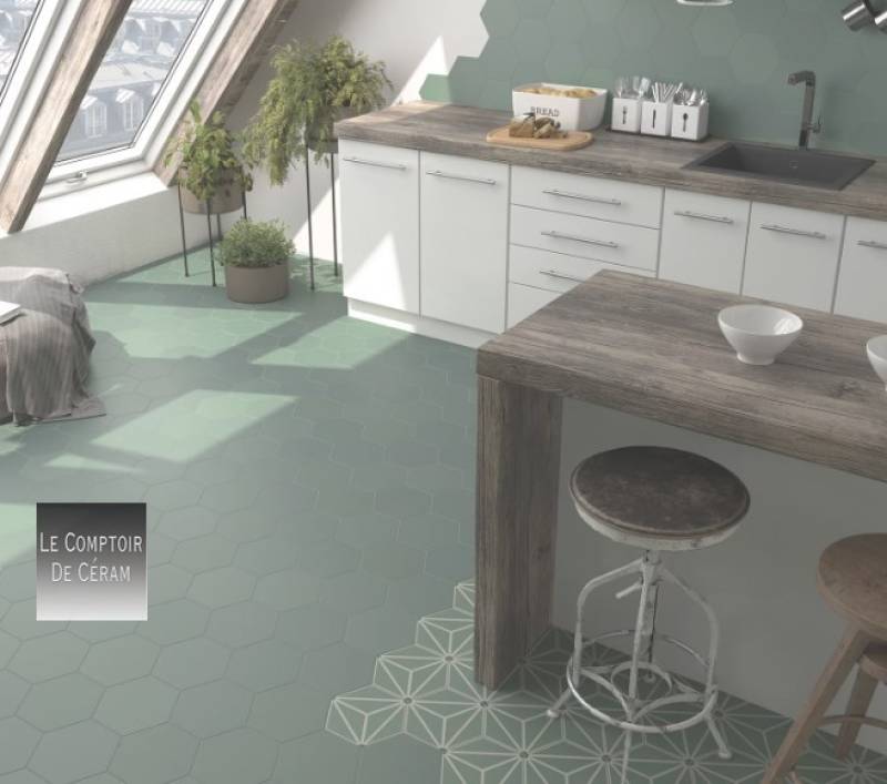 carrelage vert tomette hexagonale à motifs retro ancien Marseille 13