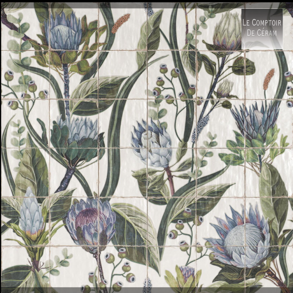 DECOR MURAL EN FAIENCE FLEURS VIOLETTES DESIGN NIMES 30