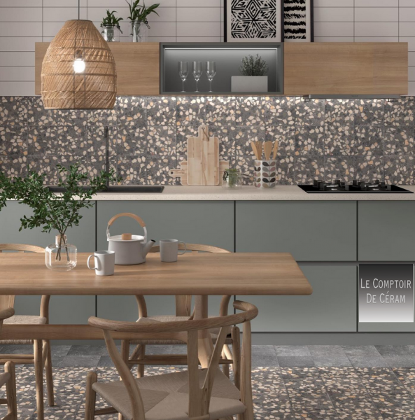 carrelage effet terrazzo noir pour credence et sol de cuisne format 20 x20 cm nice 06