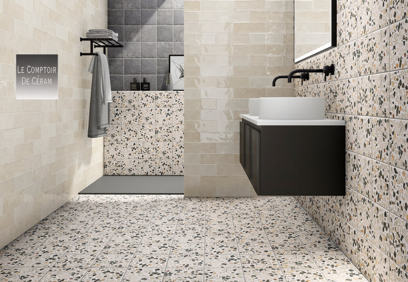 carrelage sol salle de bains antidérapant terrazzo blanc 20 x 20 cm lyon 69