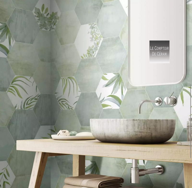 carrelage mural hexagonal vert et blanc à motifs botaniques feuilles marseille 13
