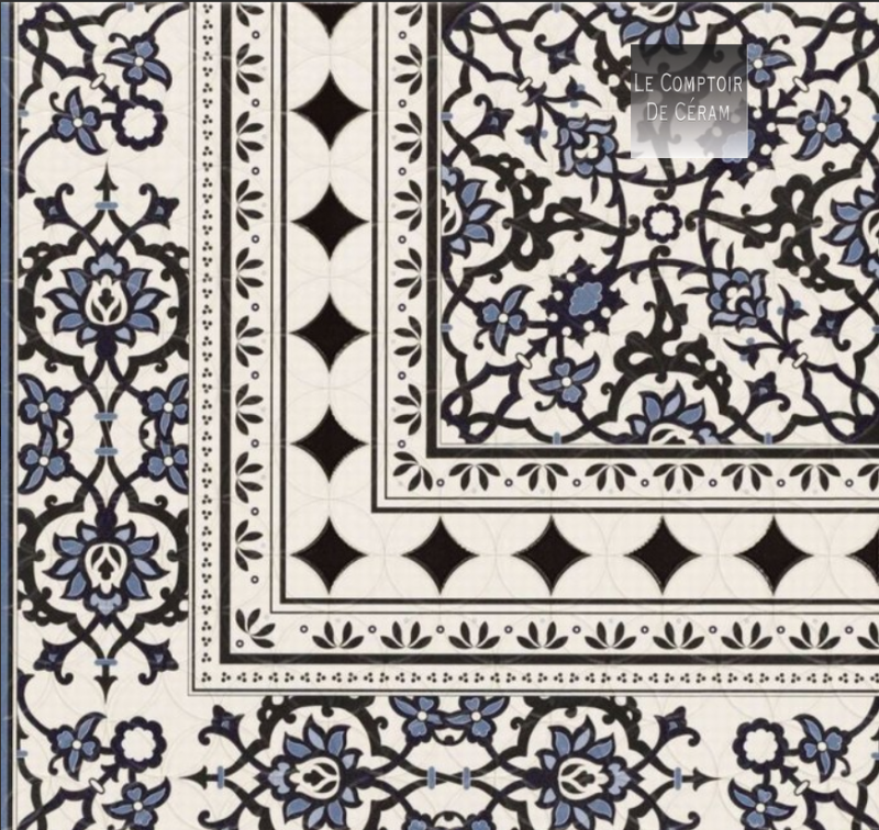 CARRELAGE D ANGLE POUR TAPIS DE SOL A MOTIFS FLEURS BLANC BLEU ET NOIR HAUT DE SEINE 92