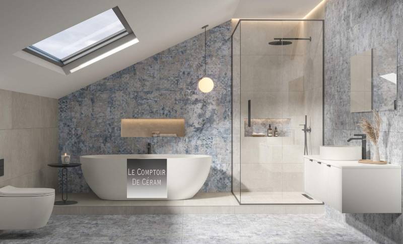 carrelage sol et mur 60 x 60 cm et 50 x 100 cm aspect tapisserie design pour salle de bains contemporaine Toulouse 31