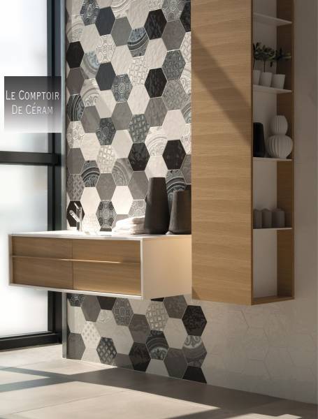 FAIENCE SALLE DE BAINS HEXAGONALE NOIR GRIS BRILLANT DESIGN NIMES 30