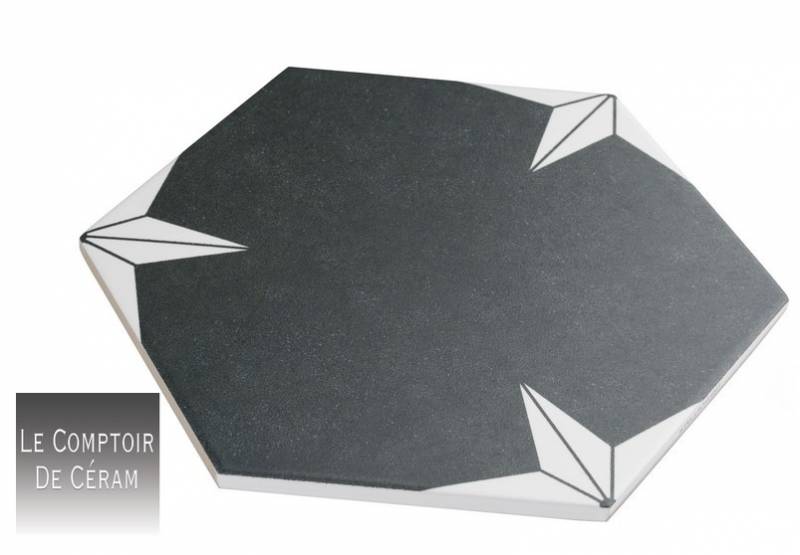 carrelage sol et mur hexagonal etoile blanche sur fond noir design grenoble 38