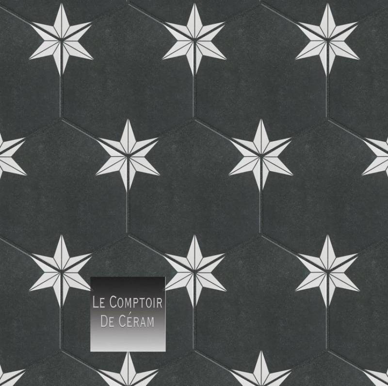 carrelage sol et mur grès cérame motifs etoile blanche sur fond noir design lille 59