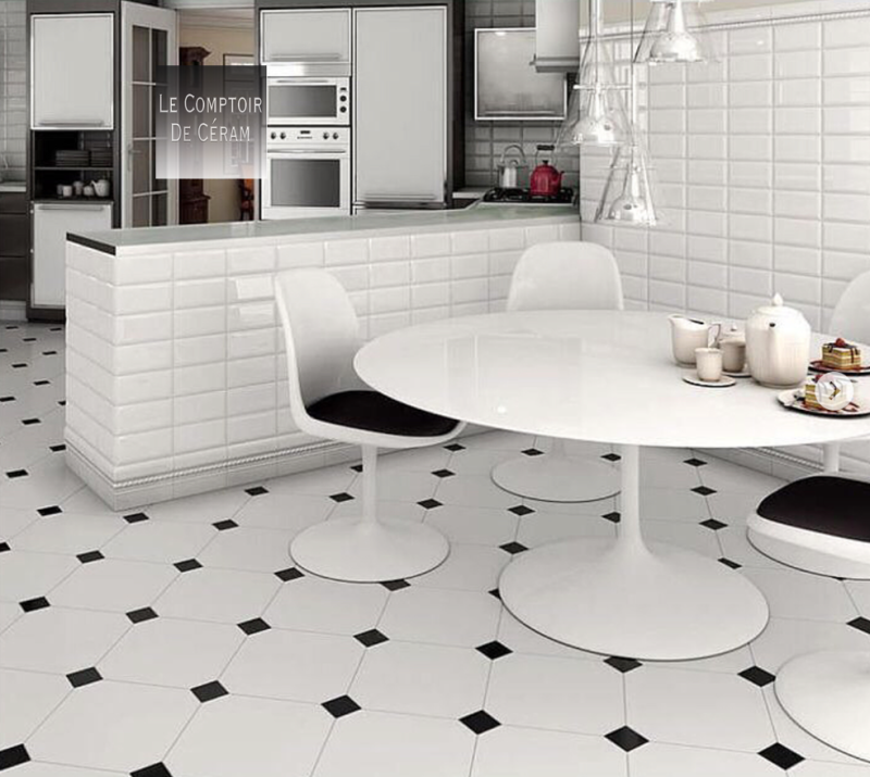 sol carrelage cabochon noir blanc cuisine retro hauts de seine 92