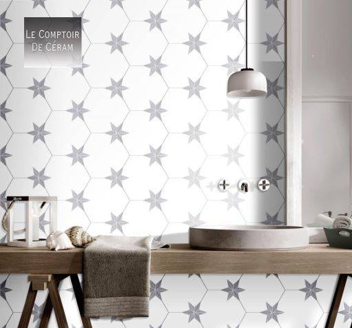 CARRELAGE HEXAGONAL MOTIFS ETOILES GRIS BLANC PARIS 75