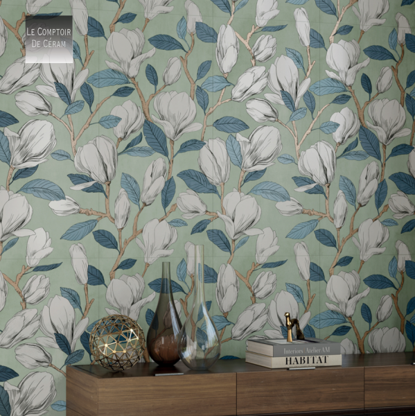 carrelage mural  fleuri vert blanc grand décor 60 x 120 cm Grenoble 38