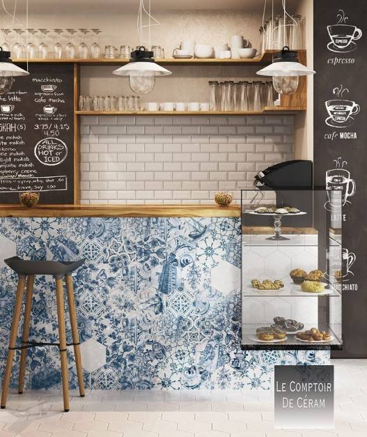 carrelage hexagonal mural bleu jean à motifs vintage retro Lille 59