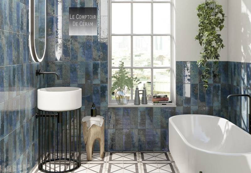 carrelage mural brique bleu métal design Montpellier 34
