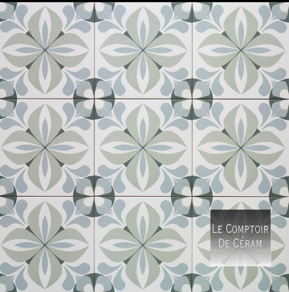 carrealge imitation carreaux cimlent floral vert pale et blanc pour terrasses extérieures cannes 06