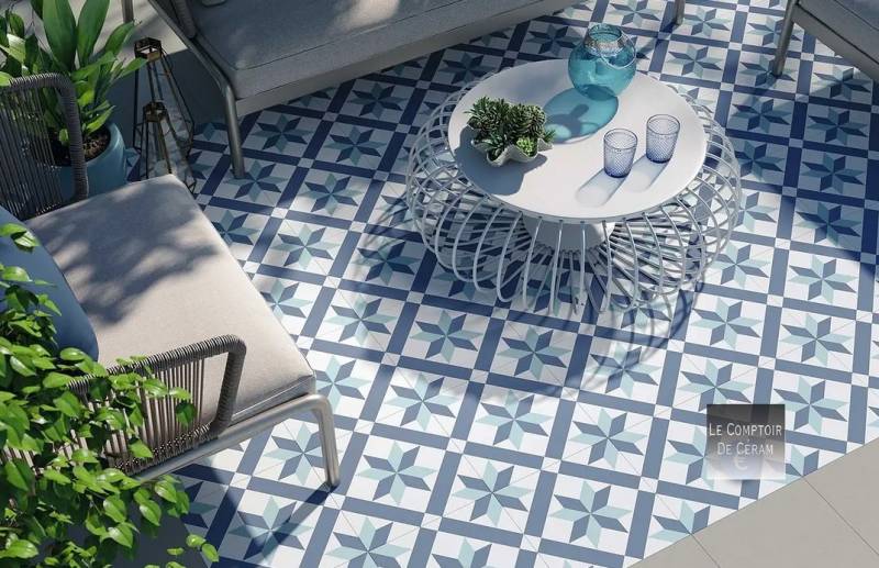 carrelage pour terrasse carreaux ciment etoile bleu et blanc rennes 35
