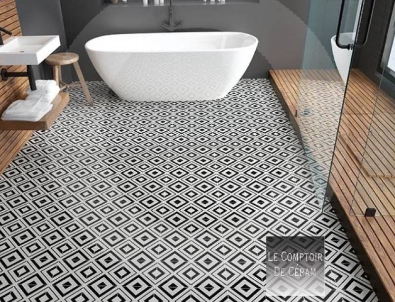 carrelage sol salle de bains antidérapant motifs anciens noir et blanc retro rennes 35